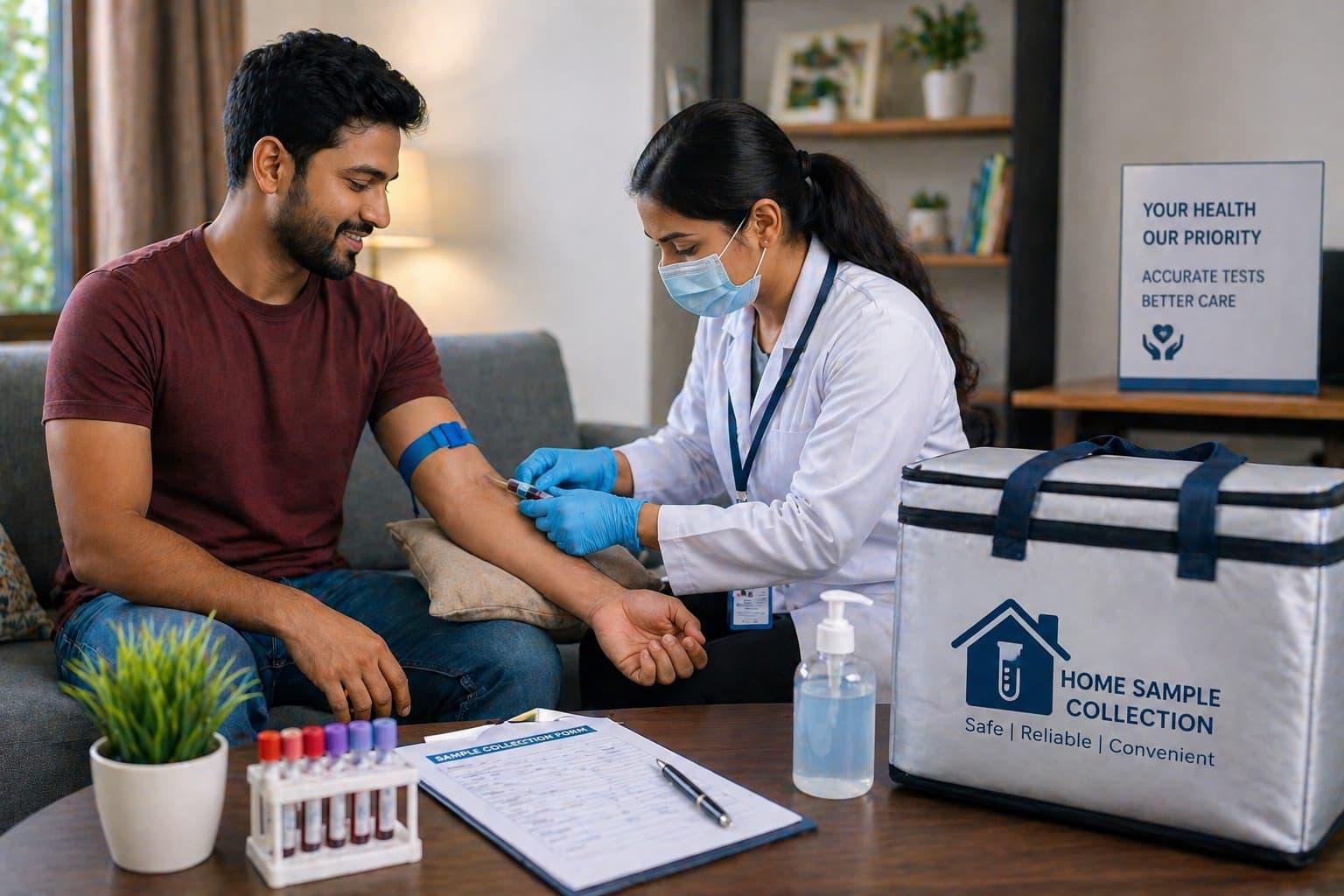 Technician collecting a blood sample at home