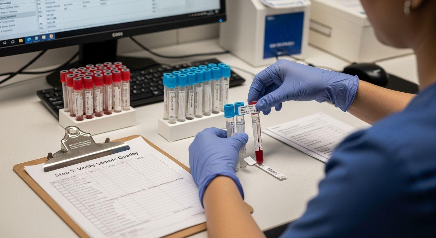 Trained phlebotomist handling blood collection tubes correctly during a home visit